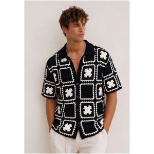 NWT Sandstone Mens Crochet Granny Square Cardigan Polo Shirt Boho Coastal Small